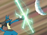 Lucario de Maylene/Brega usando ataque óseo para bloquear el bomba sónica del Buizel de Ash.