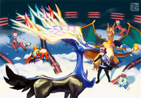 Ilustración de Xerneas en la Guarida Team Flare.