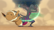 Una de las batallas de la Battle Royale, muestra a Eevee contra Salazzle