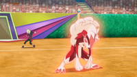 Lycanroc de Gladion/Gladio usando Contraataque contra el Turtonator de Kiawe.