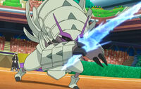 Golisopod de Guzma/Guzman usando Hidroariete contra el Torracat de Ash.