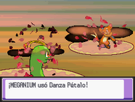 Meganium usando danza pétalo en Pokémon Oro HeartGold y Pokémon Plata SoulSilver.