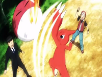 Charmeleon de Rojo usando cuchillada contra un Voltorb en el PO03.