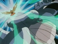 Pidgeotto de Ash usando doble filo contra el Rhydon de Giovanni.
