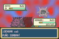 Gengar usando puño sombra en Pokémon Rojo Fuego y Verde Hoja.