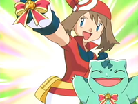 Bulbasaur celebrando el logro de la Cinta/Listón de concurso junto a May/Aura.‎