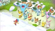 Los Pokémon divirtiéndose con el espectáculo de Pansage.