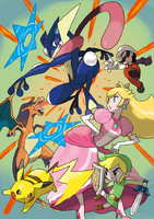 Imagen promocional de Greninja, junto a Charizard, Pikachu, Peach, Mario y Toon Link.