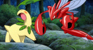 Scizor de Vicius usando ataque rápido contra el Bayleef de Ash en la P04.