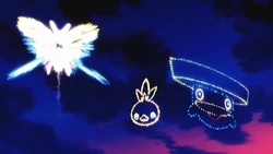 Fuego artificial con forma de Lotad.