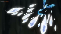 Articuno usando carámbano contra Cinderace de Goh, Lucario de Ash y Gardevoir de Hernando/Horace.