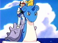 Ash y Pikachu montados en Lapras.