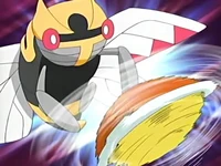 Squirtle de Ash usando giro rápido contra el Ninjask de Brandon/Valente.