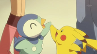 Pikachu y Piplup despidiéndose.