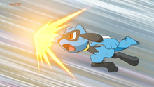 Riolu de Ash usando inversión contra el Farfetch'd de Galar de Ash.