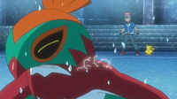 ...la cual provoca granizo y causa daño al Hawlucha de Ash.