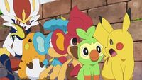 EP1162 Pokémon de Goh haciendo una cola detrás del Pikachu de Ash