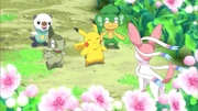 Pikachu, Pansage, Oshawott y Axew conociendo a Sylveon.
