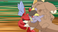 Mega-Kangaskhan de Ilima/Liam usando Patada baja contra el Scizor.