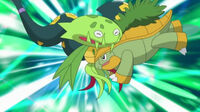 Grotle de Ash usando placaje contra el Seviper de Jessie y el Carnivine de James.