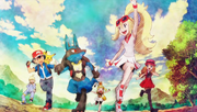 EP834 Ash, Serena, Clemont, Bonnie, Corelia y Lucario