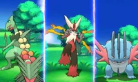 Mega-Sceptile, Mega-Blaziken y Mega-Swampert en combate.