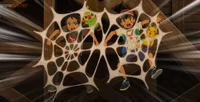 Galvantula usando red viscosa para atrapar a Ash, Pikachu, Goh y Grookey.