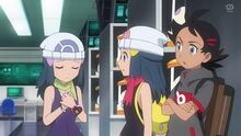 Dawn/Maya y Goh conociendo la nueva situación de los huevos Pokémon en el mundo paralelo.