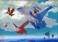 Ilustración de Latias, Latios, Fearow y Remoraid.