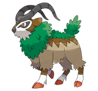 Gogoat, de tipo planta. Es un Pokémon tranquilo, y tan grande que puede llevar a gente a cuestas.