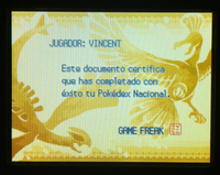 Diploma de Pokédex nacional en Pokémon Oro HeartGold y Pokémon Plata SoulSilver.