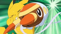 Un Grubbin usando picadura contra el Pikachu de Ash.