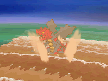 Druddigon recibiendo agua lodosa en Pokémon Negro y Pokémon Blanco.