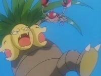 Krabby de Ash usando pisotón contra el Exeggutor de Mandi.