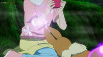 Eevee usando Pulso cura para curar a Koharu.