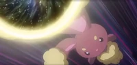 Buneary de Dawn/Maya del mundo paralelo usando megapuño contra el Skuntank y Purugly de los secuaces del Team/Equipo Rocket del mundo paralelo en el EP1179.