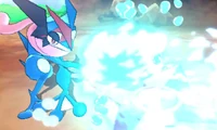 Greninja Ash usando shuriken de agua en la séptima generación.