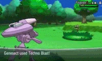 Genesect usando tecno shock (con crioROM insertada) en la sexta generación.