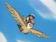 Pidgeot de Ash usando vuelo, llevando a Ash y Pikachu.