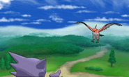 Haunter contra Talonflame en un combate aéreo.