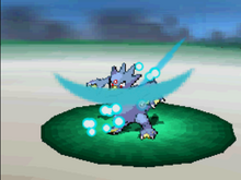 Golduck recibiendo espada santa en la quinta generación.