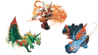Artworks alternativos de Mega-Sceptile, Mega-Blaziken y Mega-Swampert.