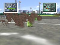 Chikorita usando bofetón lodo en Pokémon Stadium 2.