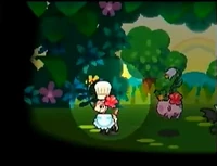 Deerling, Munna y 2 Pokémon más participando en un Musical Pokémon. En el show "Paseo por el Parque".