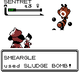 Smeargle usando bomba lodo en Pokémon Oro, Plata y Cristal.