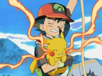 EP277 Pikachu y Ash subiendo por la cuerda