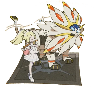 Ilustración de Lylia tocando la flauta solar junto a Solgaleo.