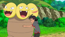 Exeggutor junto a su entrenador.