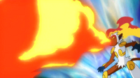 Infernape de Ash usando lanzallamas.