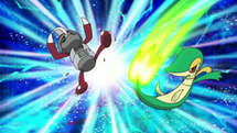 Snivy de Ash usando hoja aguda contra la Pawniard de Georgia.